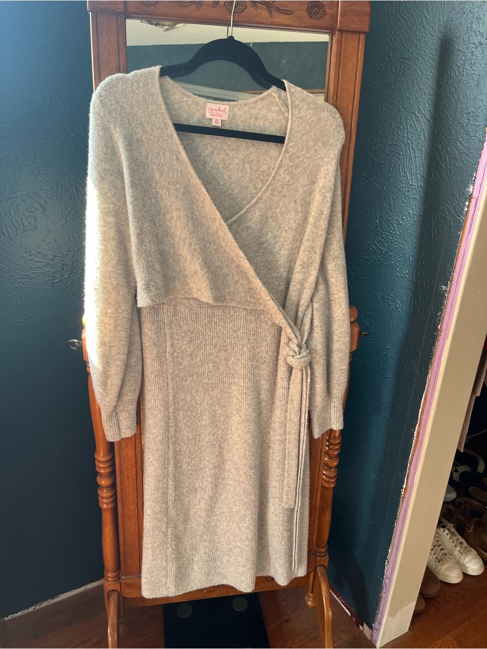 Isabel Maternity Wrap Midi Sweater Dress in Light Gray